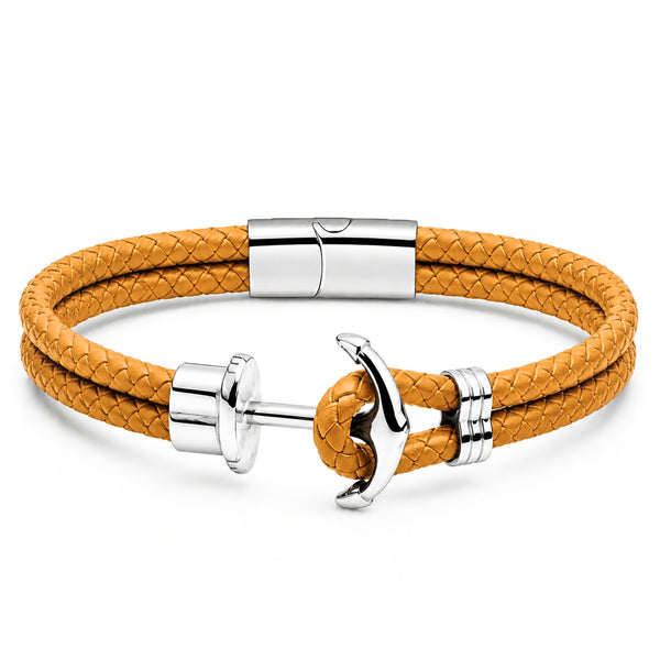 UNIQAL CRETE Lederarmband in Goldbraun mit Anker aus Edelstahl – maritimes Unisex-Armband aus Premium Leder mit Magnetverschluss und gravierbarer Schließe.