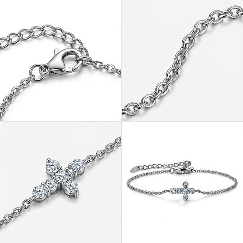 CRISTELLA Moissanit Schmuckarmband mit fein gefassten Edelsteinen im Kreuzsymbol, filigrane Silberkette mit funkelnder Brillanz
