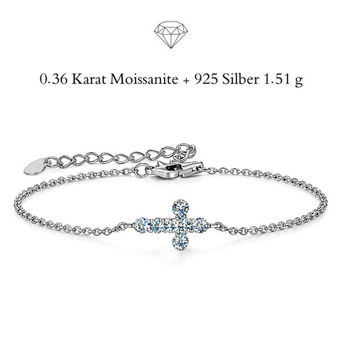 CRISTELLA Damenarmband mit 0,36 Karat Moissanit aus 925 Sterling Silber, filigranes Kreuzmotiv mit brillant geschliffenen Steinen und eleganter Ausstrahlung