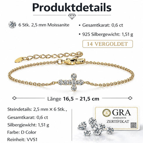UNIQAL CRISTELLA Produktübersicht mit VVS1 Moissanit, Clover Kreuzdesign und Goldoptik