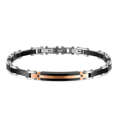UNIQAL CROCE Herrenarmband aus schwarzem Edelstahl mit roségoldfarbener Mittelplatte und eleganter Gravurfläche in minimalistischer Luxusoptik