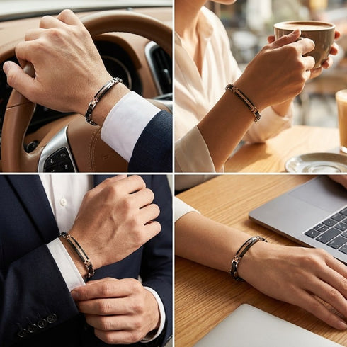 UNIQAL CROCE Premium Armband in verschiedenen Alltagssituationen getragen als stilvoller Begleiter für Freizeit, Büro und besondere Anlässe