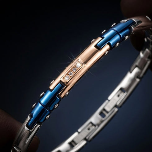 UNIQAL DANTE Premium Edelstahlarmband mit blauen Designelementen und funkelnden AAA-Zirkonia für moderne Eleganz.