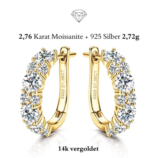 UNIQAL DIAMORA GOLD elegante Ohrringe mit warmer Goldoptik, 2,76 Karat Steinbesatz und sichtbarer russischer Clip-On Schließe