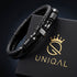 UNIQAL DOUBLE LAYER BLACK – schwarze Lederstränge mit glatten und gerillten Edelstahl-Details in Nahaufnahme
