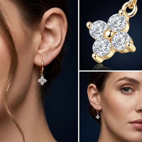 Dreiteilige Collage der ÉCLAT 14K GOLD Moissanit-Ohrringe von UNIQAL mit Ohransicht, Schmuckdetail und Porträt