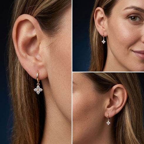 UNIQAL ÉCLAT 14K GOLD Moissanit-Ohrringe am Model aus drei Blickwinkeln, mit Größenwirkung und seitlichem Fall der Anhänger