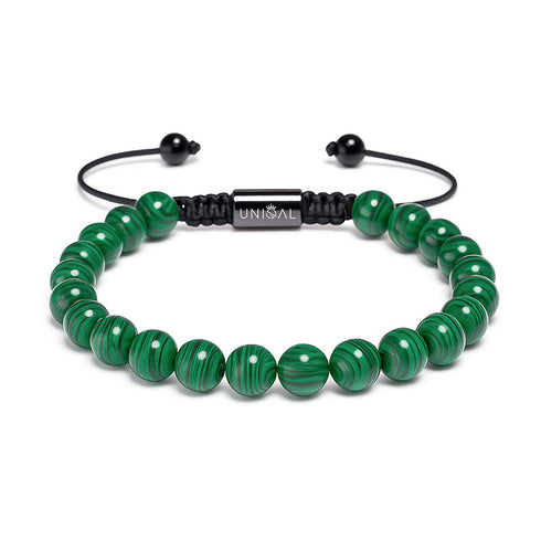 Uniqal Einreihiges Malachit Armband aus 8mm Natursteinperlen – intensives Grün, verstellbarer Makramee-Verschluss, Unisex