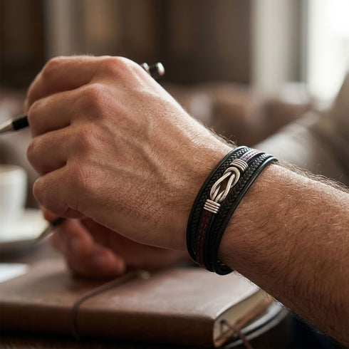 ENDLOS Infinity-Lederarmband von UNIQAL am Handgelenk eines Mannes beim Schreiben am Schreibtisch, mit schwarzer Flechtung und silberfarbenem Motiv.
