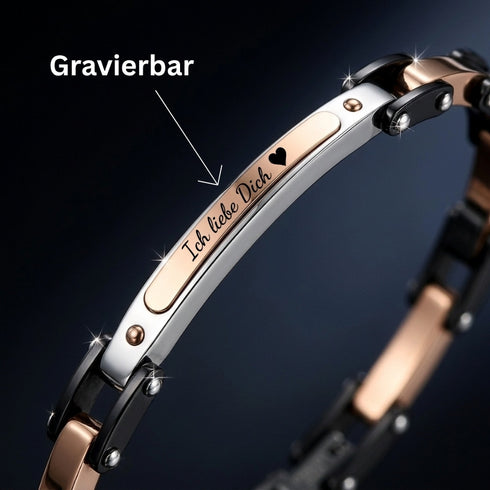 UNIQAL ENZO KERAMIK ROSEGOLD personalisierbares Armband mit gravierbarer Edelstahlplatte für Initialen, Namen oder Datum.