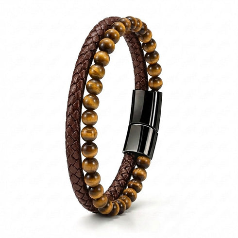 Uniqal EYE OF THE TIGER Armband mit goldfarbenen Tigerauge Elementen und brauner Lederstruktur, markantes Schmuckdesign mit Gravur Option