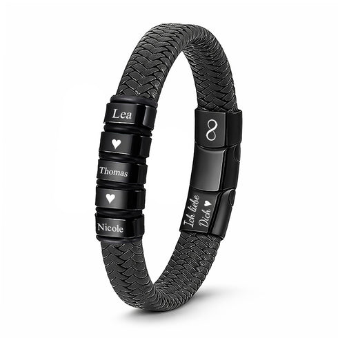FAMILY PORTRAIT Lederarmband Schwarz mit 5 gravierbaren Ringen – Edelstahl