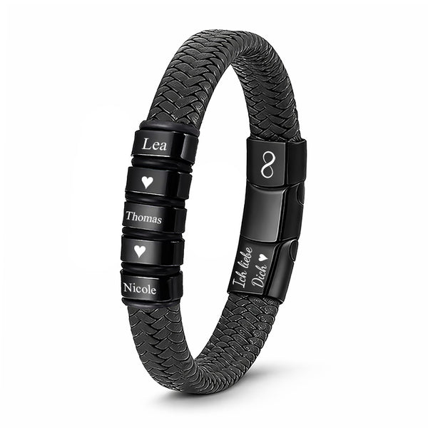 FAMILY PORTRAIT Lederarmband Schwarz mit 5 gravierbaren Ringen – Edelstahl