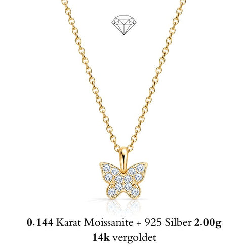 ARFALLA 14K GOLD Moissanit-Schmetterlingskette von UNIQAL aus vergoldetem 925 Silber mit zwölf funkelnden Steinen.
Подаръчен акцент за надпис: Ein Weihnachtsgeschenk mit zarten Flügeln und persönlicher Bedeutung