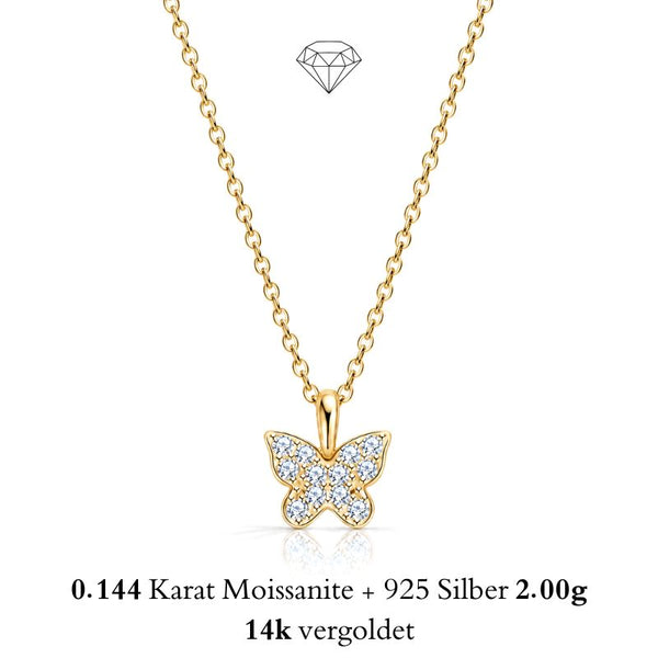 ARFALLA 14K GOLD Moissanit-Schmetterlingskette von UNIQAL aus vergoldetem 925 Silber mit zwölf funkelnden Steinen.
Подаръчен акцент за надпис: Ein Weihnachtsgeschenk mit zarten Flügeln und persönlicher Bedeutung
