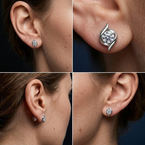 Uniqal FIORA Moissanit Ohrstecker getragen am Ohr als elegante Silber Ohrringe für Damen