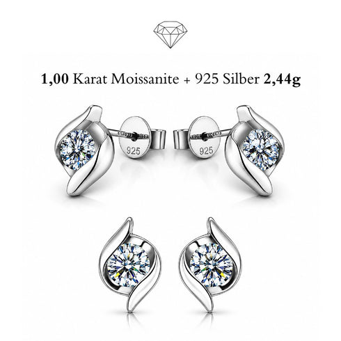 Uniqal FIORA Moissanit Ohrringe aus 925 Sterling Silber mit elegantem geschwungenem Design und 1 Karat Gesamtgewicht