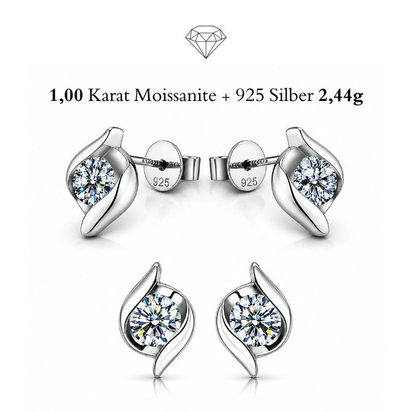 Uniqal FIORA Moissanit Ohrringe aus 925 Sterling Silber mit elegantem geschwungenem Design und 1 Karat Gesamtgewicht