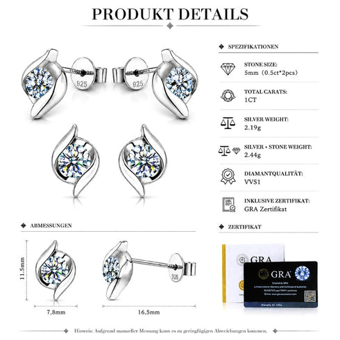 Uniqal FIORA Ohrstecker mit GRA Zertifikat, VVS1 Reinheit, 925 Silber und 5 mm Moissanit Stein
