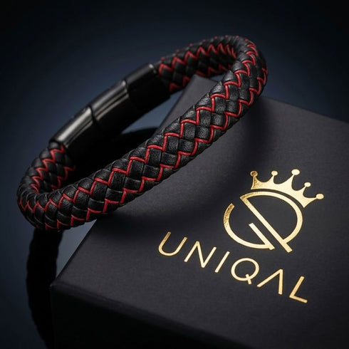 Uniqal FIRE Armband mit Gravur – schwarzes geflochtenes Herrenarmband mit roten Akzenten für einen kraftvollen und sportlichen Look.