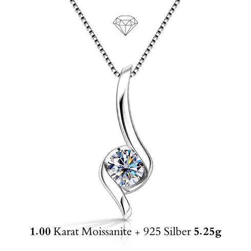 UNIQAL FLAMELLA KETTE mit 1 Karat Moissanit Solitär, fließender Flammen Anhänger aus 925 Sterling Silber und intensiver Lichtreflexion.