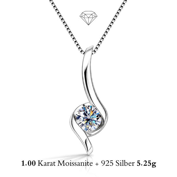 UNIQAL FLAMELLA KETTE mit 1 Karat Moissanit Solitär, fließender Flammen Anhänger aus 925 Sterling Silber und intensiver Lichtreflexion.