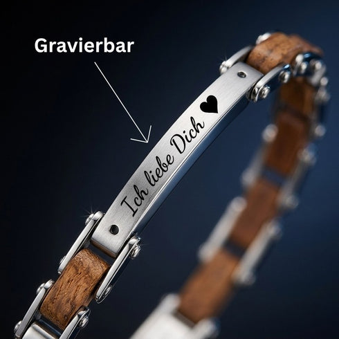 UNIQAL FORTE HOLZ SILBER als personalisierbares Schmuckstück mit Lasergravur für Namen, Datum oder persönliche Botschaft.