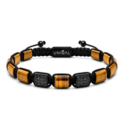 UNIQAL Armband aus gelbem Tigerauge mit schwarzen Zirkonia und gravierbarer Verschlussperle