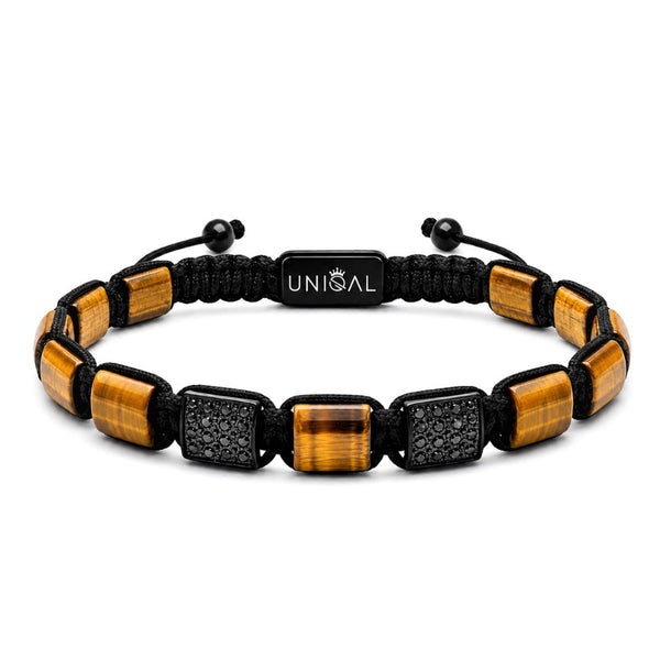 UNIQAL Armband aus gelbem Tigerauge mit schwarzen Zirkonia und gravierbarer Verschlussperle
