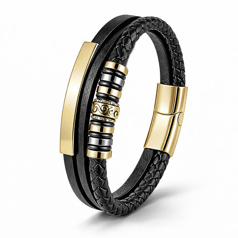 Uniqal Lederarmband in Schwarz mit goldener Gravurplatte, personalisierbar, Magnetverschluss, eleganter Herrenschmuck