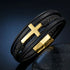 Uniqal GOLD HEAVEN Armband mit Gravur – persönliches Geschenk für Männer mit schwarzem Leder, geflochtenen Details und goldfarbenem Kreuz