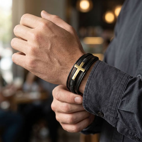 Uniqal GOLD HEAVEN Armband mit Gravur – personalisierbares schwarzes Herrenarmband mit goldfarbenem Kreuz für Business und besondere Anlässe