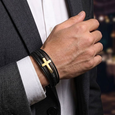 Uniqal GOLD HEAVEN Armband für Männer – elegantes Herrenaccessoire in Schwarz und Gold mit markantem Kreuz für einen modernen Business-Look