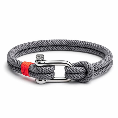 Segeltau Armband in Graphitgrau mit rotem Akzent und Edelstahl Schaekel, gravierbar