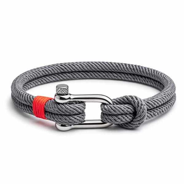 Segeltau Armband in Graphitgrau mit rotem Akzent und Edelstahl Schaekel, gravierbar