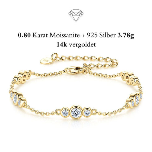GRAZIA 14K GOLD Moissanit-Armband von UNIQAL aus 925 Silber mit 14K-Vergoldung, Karabinerverschluss und Verlängerungskette auf weißem Hintergrund