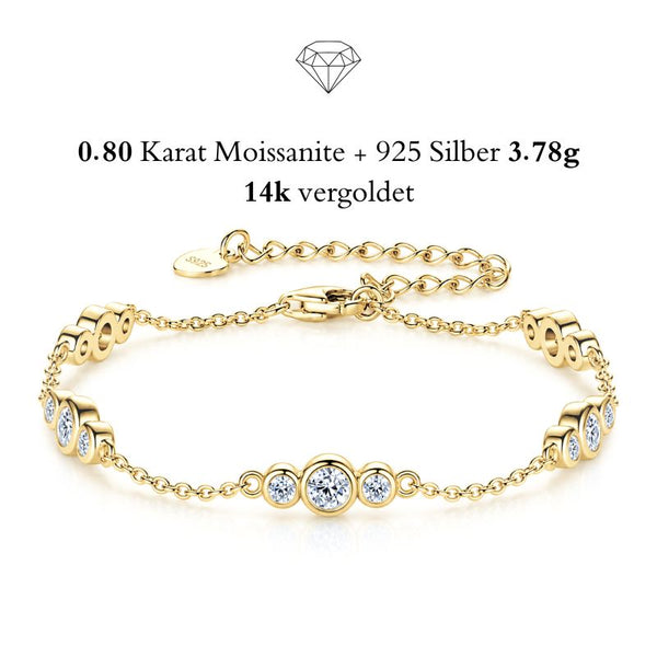 GRAZIA 14K GOLD Moissanit-Armband von UNIQAL aus 925 Silber mit 14K-Vergoldung, Karabinerverschluss und Verlängerungskette auf weißem Hintergrund