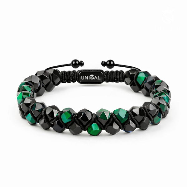Edelsteinarmband aus grünem Tigerauge und schwarzem Achat mit facettierten Perlen und verstellbarem Makramee-Verschluss im zweireihigen Unisex Design