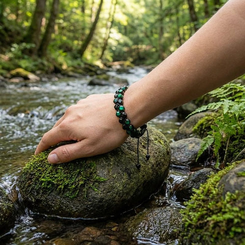 Zweireihiges Armband aus grünem Tigerauge und Turmalin auf Felsen getragen mit gravierbarem Makrameeverschluss