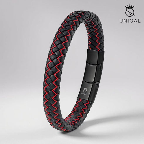 Uniqal FIRE Herrenarmband – schwarz-rotes Echtleder mit kräftiger Naht. Symbol für Stärke, Selbstbewusstsein und Entschlossenheit.