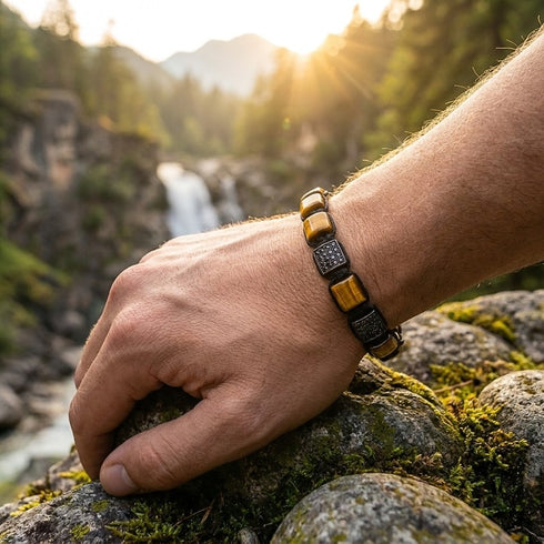 UNIQAL Herrenarmband aus gelbem Tigerauge – outdoor getragen mit Makramee-Verschluss