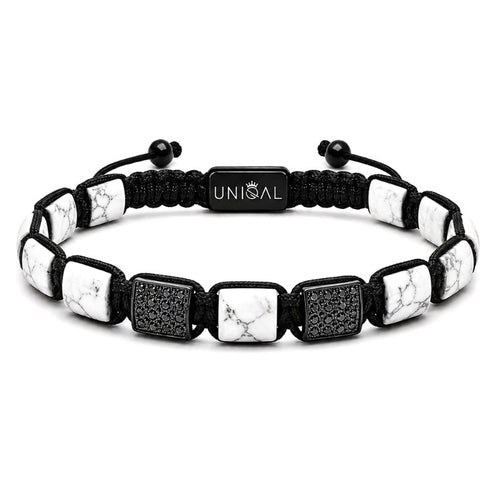 UNIQAL Howlith Armband mit weißen Natursteinplatten, schwarzen Zirkonia und gravierbarer Verschlussperle