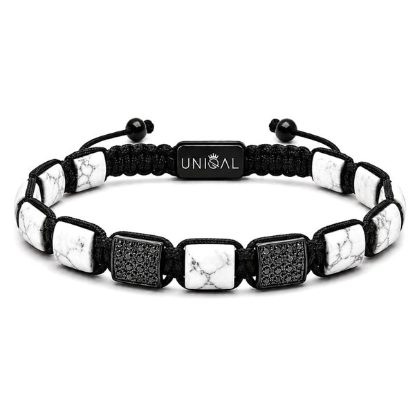 UNIQAL Howlith Armband mit weißen Natursteinplatten, schwarzen Zirkonia und gravierbarer Verschlussperle