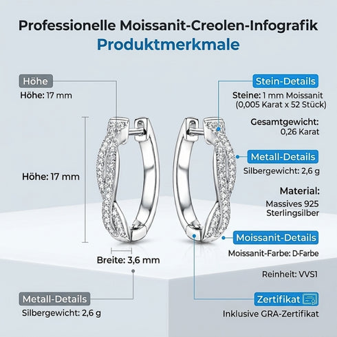 Produktübersicht mit technischen Angaben zu Abmessungen, Reinheit, Farbgrad und hochwertiger Verarbeitung