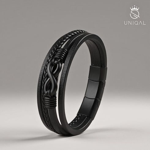 Premium Armband aus hochwertigem Rindsleder mit Edelstahlverschluss – modernes Schmuckstück mit markantem Infinity-Design.