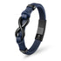 Uniqal INFINITY BLUE Lederarmband in Blau mit schwarzem Infinity Symbol, klares Produktbild auf hellem Hintergrund