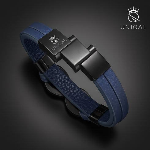Detailansicht des Magnetverschlusses am INFINITY BLUE Lederarmband von Uniqal, stabil und hochwertig verarbeitet