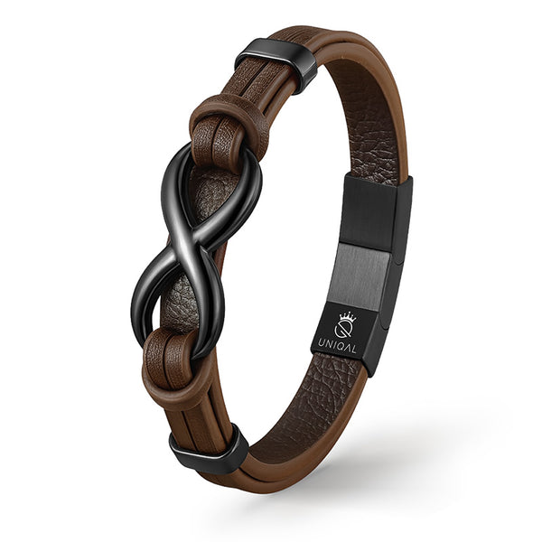 Uniqal INFINITY BROWN Lederarmband aus braunem Leder mit schwarzem Infinity Symbol, ausdrucksstarkes Unisex Design