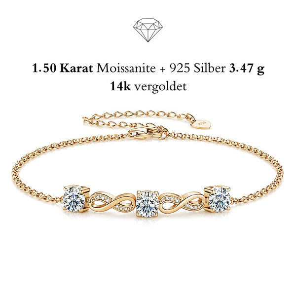 UNIQAL Infinity Armband mit 14K Vergoldung und drei strahlenden Moissanit Solitär Steinen