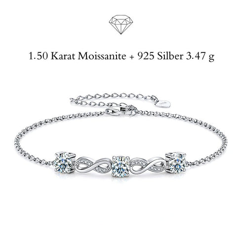 Infinity Damenarmband mit 1,50 Karat Moissanit aus 925 Sterling Silber, elegantes Schmuckdesign mit funkelnden Edelsteinen und zeitloser Form